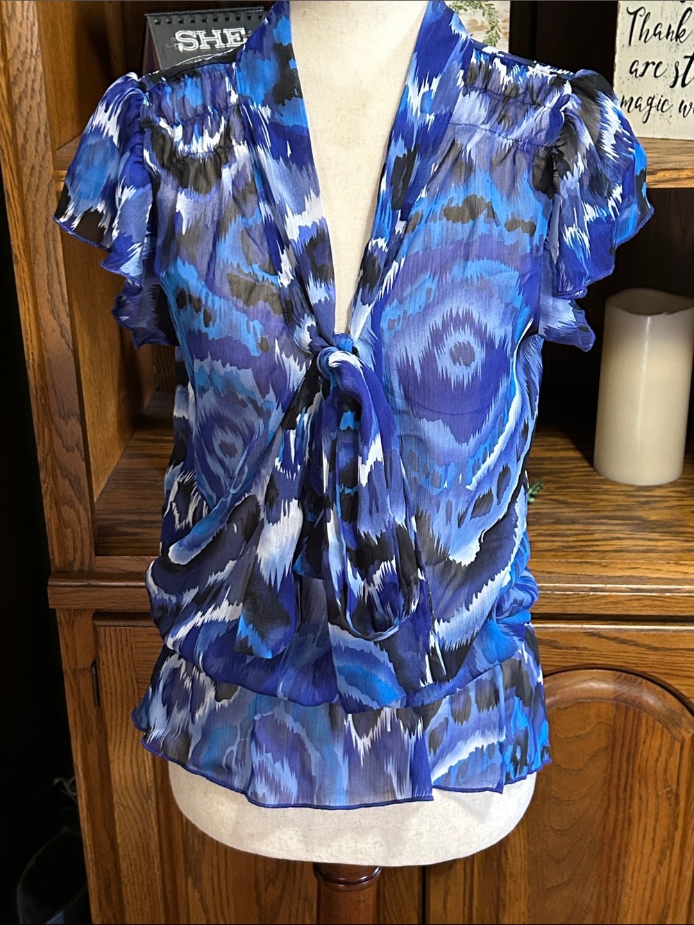 Wrapper Sheer Blue Multi Tie-Front Ruffle Blouse Size Small